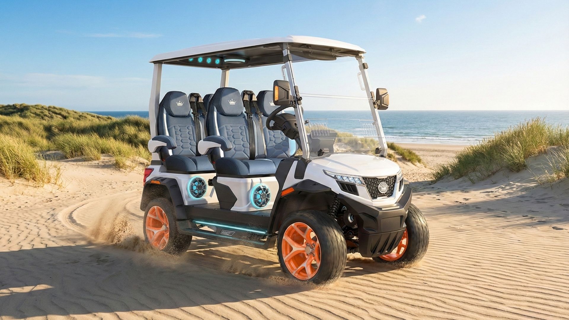 All Seasons Golf Cart cruising on sandy beach dunes near ocean waves with 4WD engaged for coastal driving