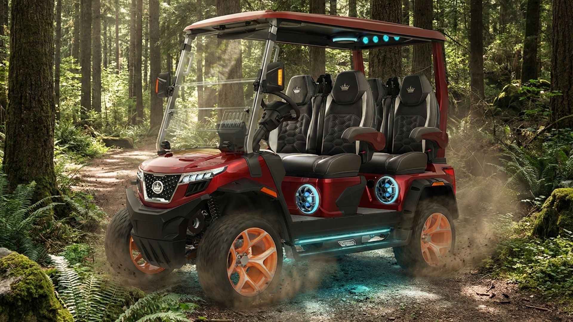 Red All Seasons Golf Cart navigating forest trail with 4WD engaged surrounded by tall evergreen trees