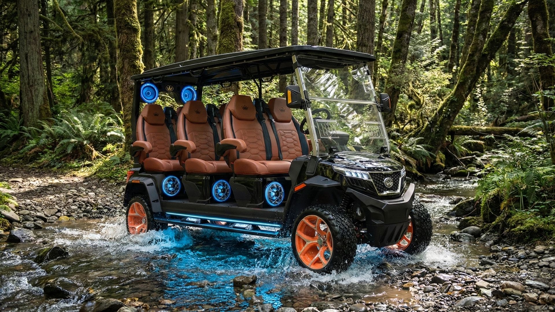 Black All Seasons Golf Cart with brown leather seats crossing shallow creek in lush forest with 4WD engaged