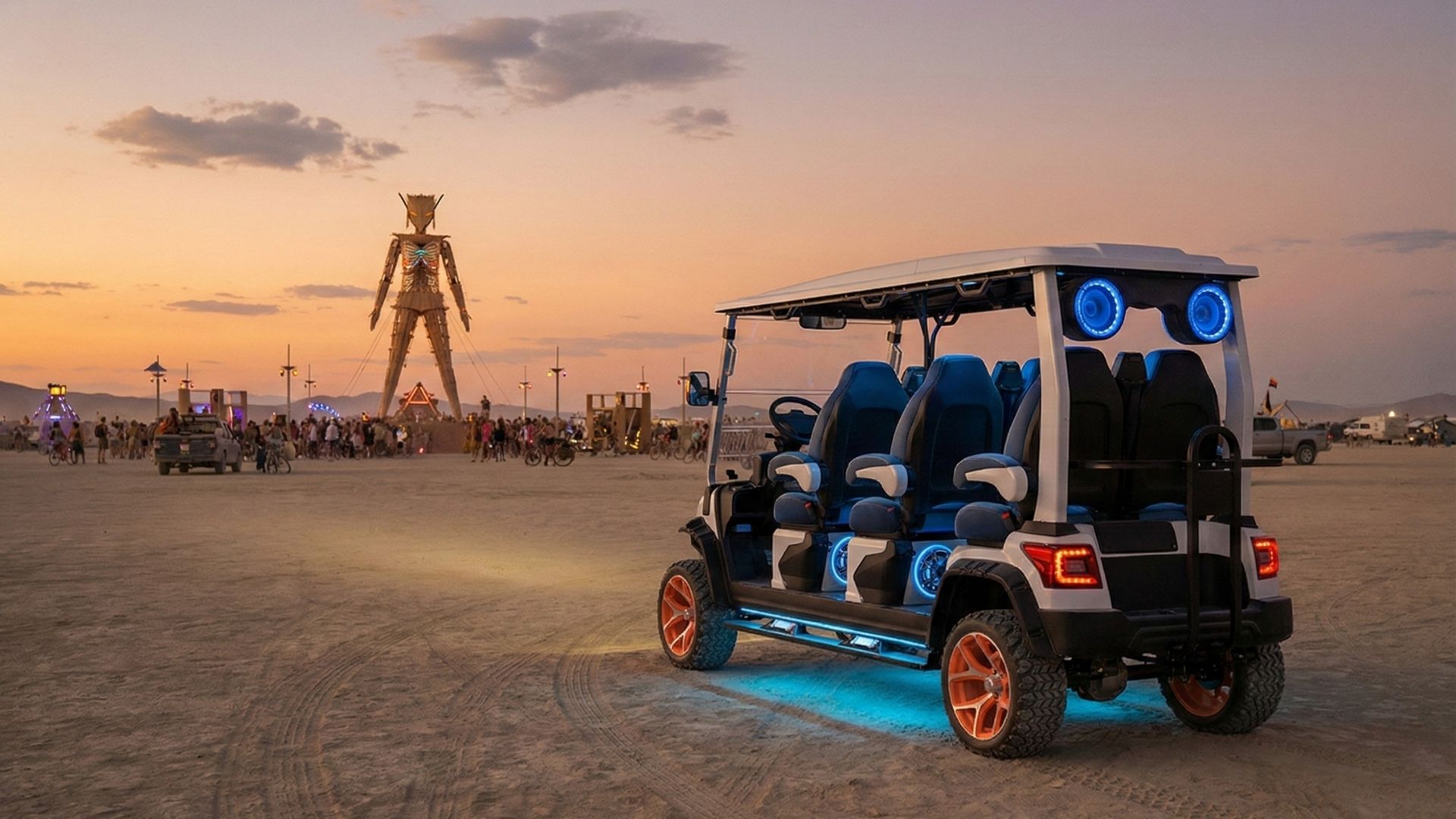White All Seasons Golf Cart at desert festival event with LED lighting at sunset