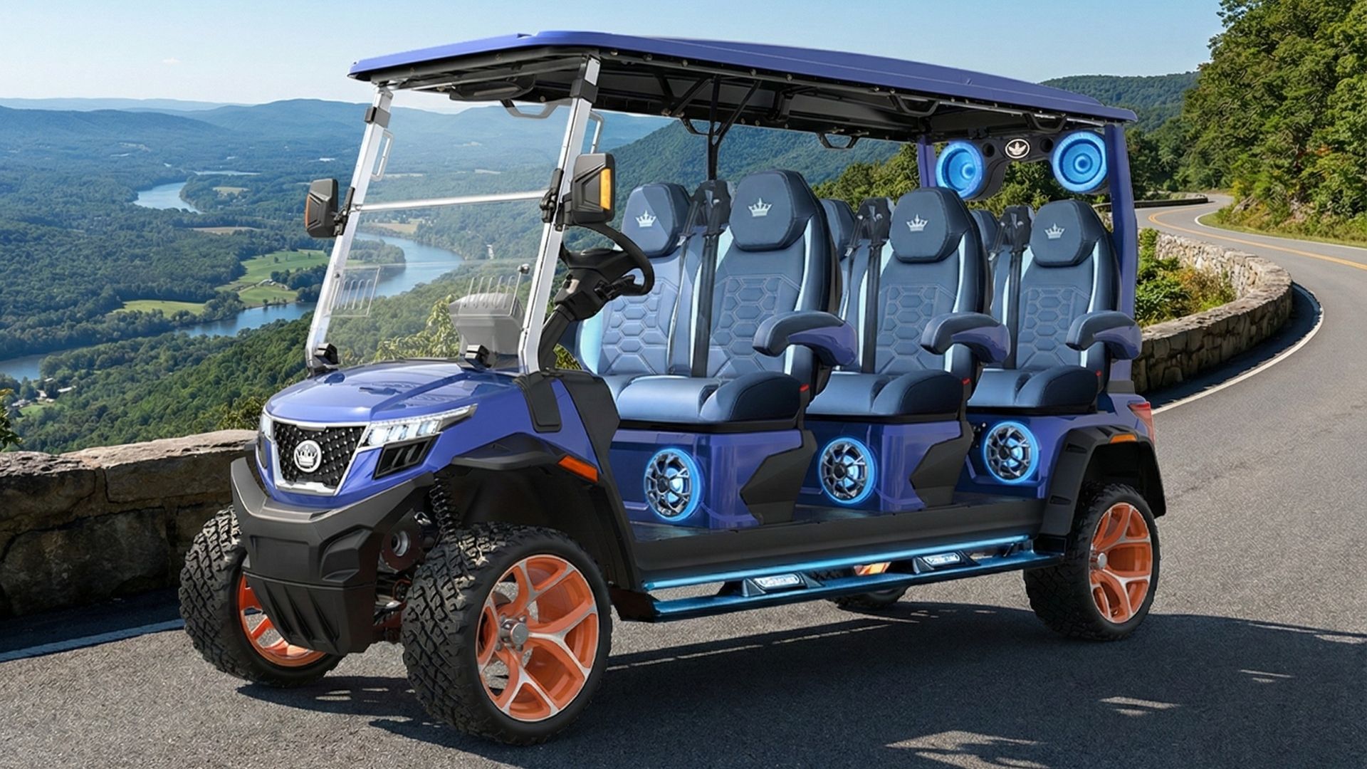 Blue All Seasons Golf Cart on scenic mountain overlook with river valley and rolling hills in background