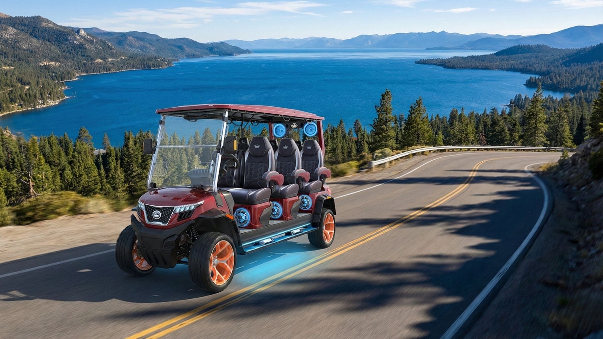Red All Seasons Golf Cart driving scenic lakeside highway with mountain lake and pine forests in background