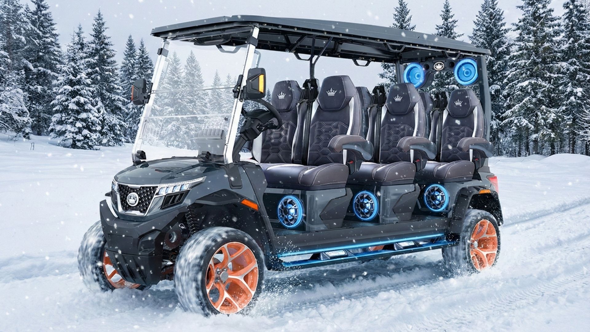 All Seasons Golf Cart driving through snowy winter conditions with 4WD engaged near snow-covered pine trees